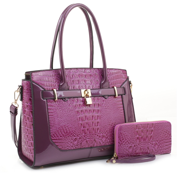 Women's Stylish Plum Purple Patent Leather Faux Alligator Skin Locket ...