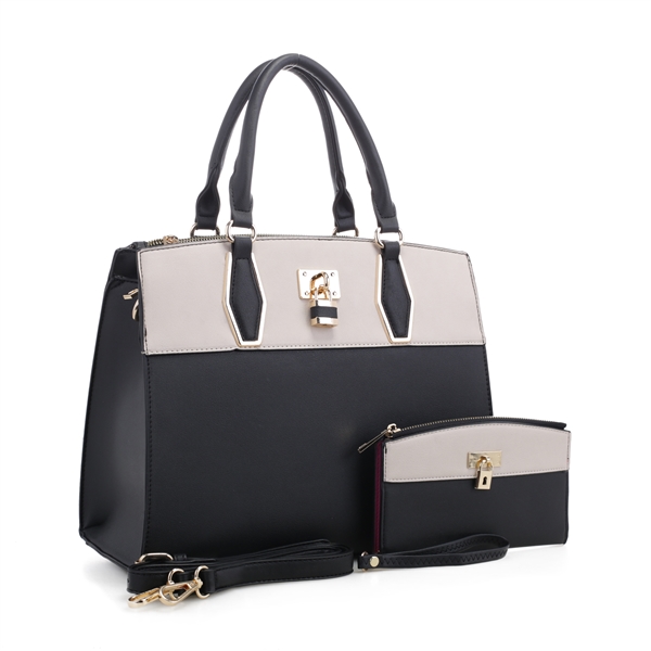 Women's Two-Tone Black & Beige Everyday Essential Shoulder Tote Handbag Set
