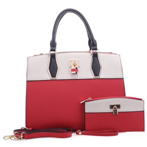 Women's Two-Tone Red & Beige Everyday Essential Shoulder Tote Handbag Set