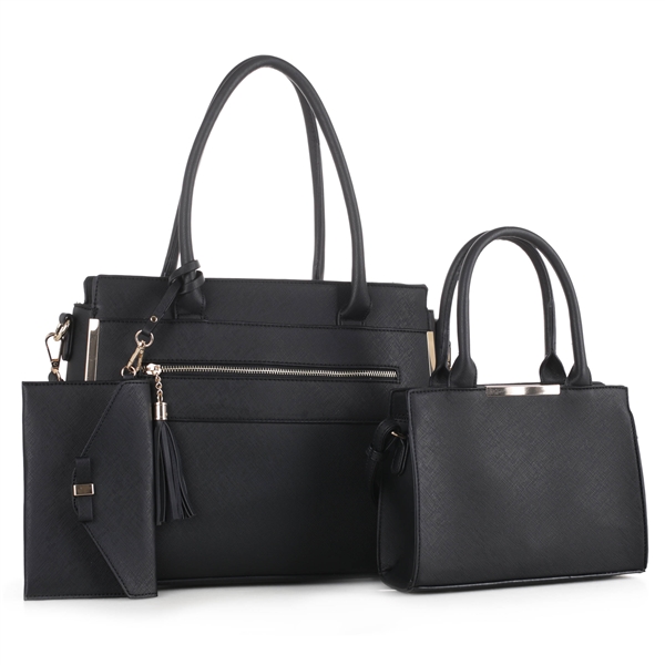 Women's Bold & Spacious Trilogy Faux Leather Black Wholesale Handbag Set